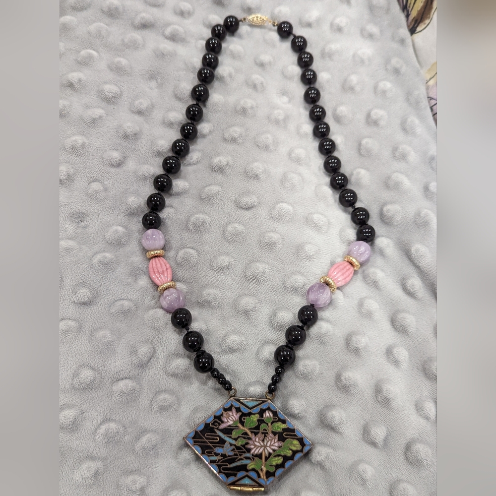 Black Beaded Necklace with Pink & Lavender Accents and Floral Pendant